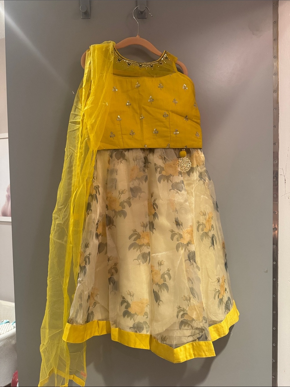 Yellow Embroidered Choli and Floral Lehenga Set